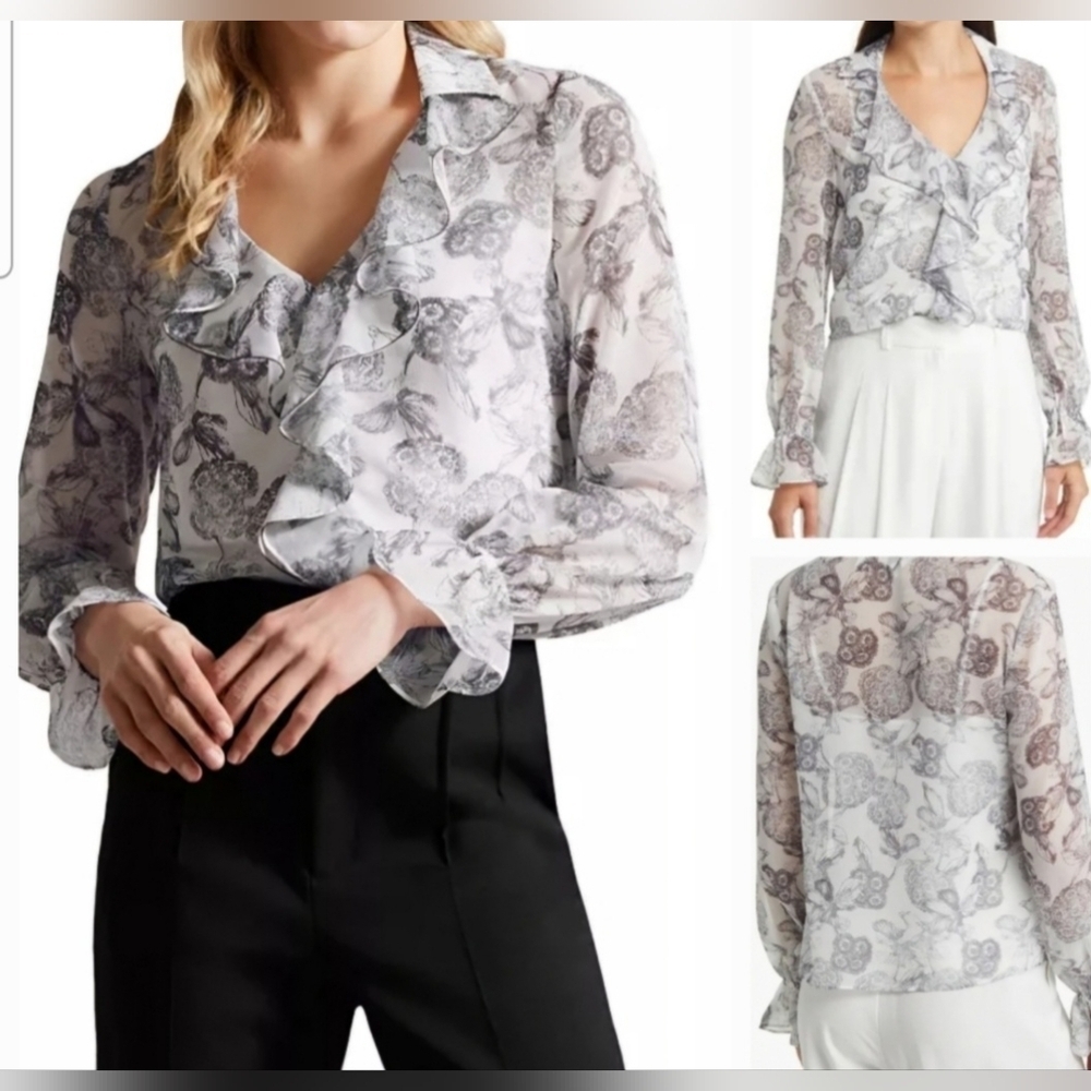 Ted Baker Fairycore NWOT SZ 1 (2-4) Anniye Ruffle Blouse Semi Sheer Long Sleeve